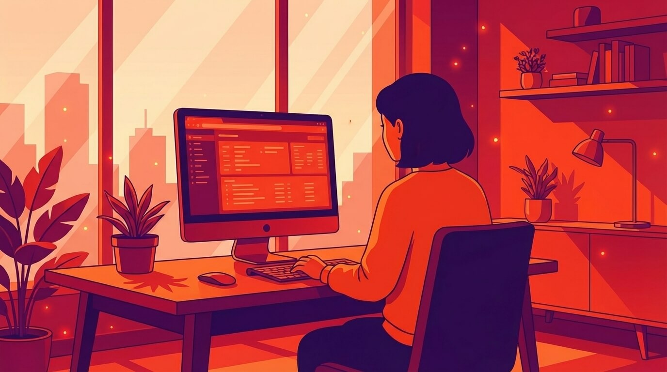 Rear view of a person working on a desktop computer in a modern, bright home office.