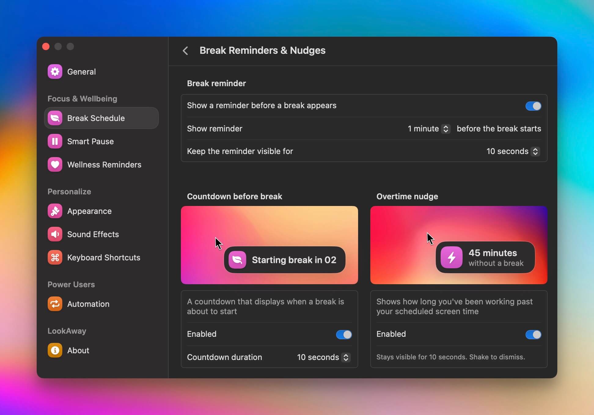 Break Reminder settings in LookAway