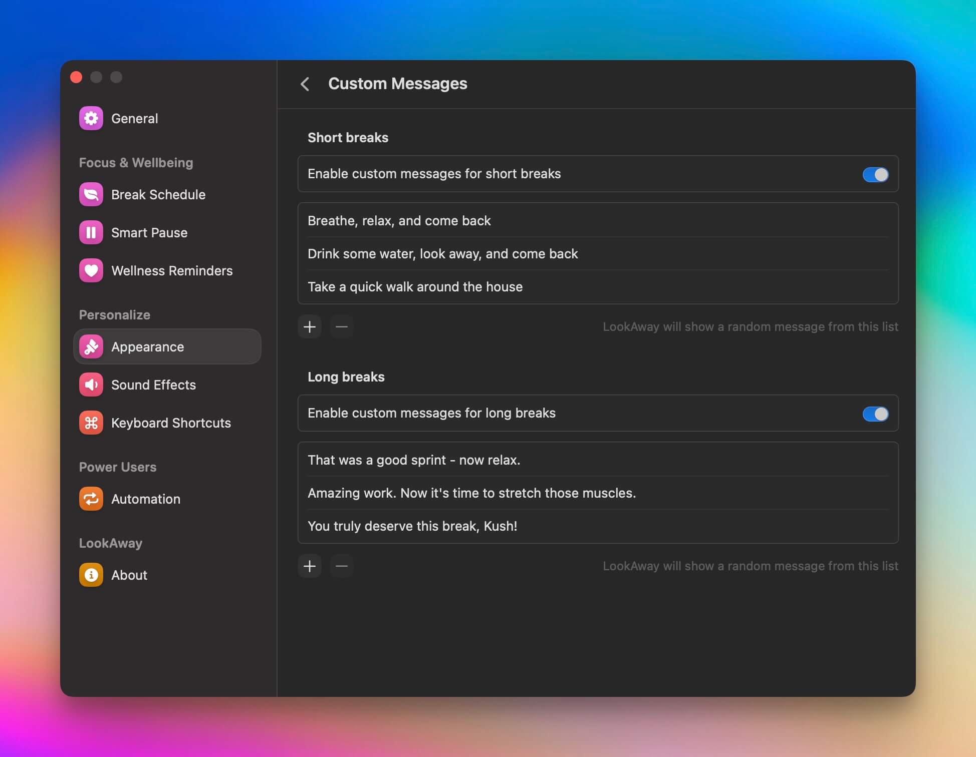 Custom Messages settings in LookAway