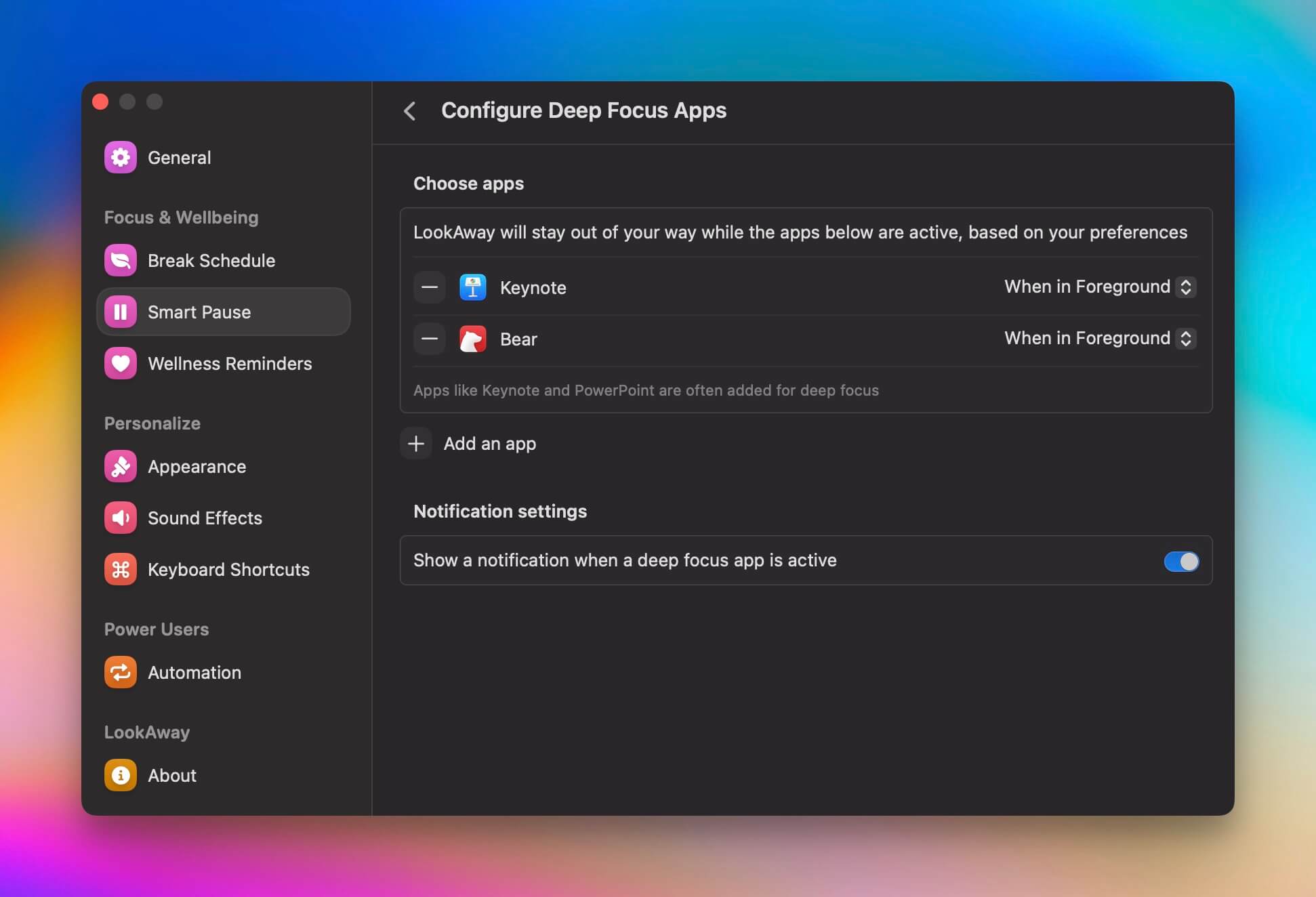 Deep Focus Apps options in LookAway Settings