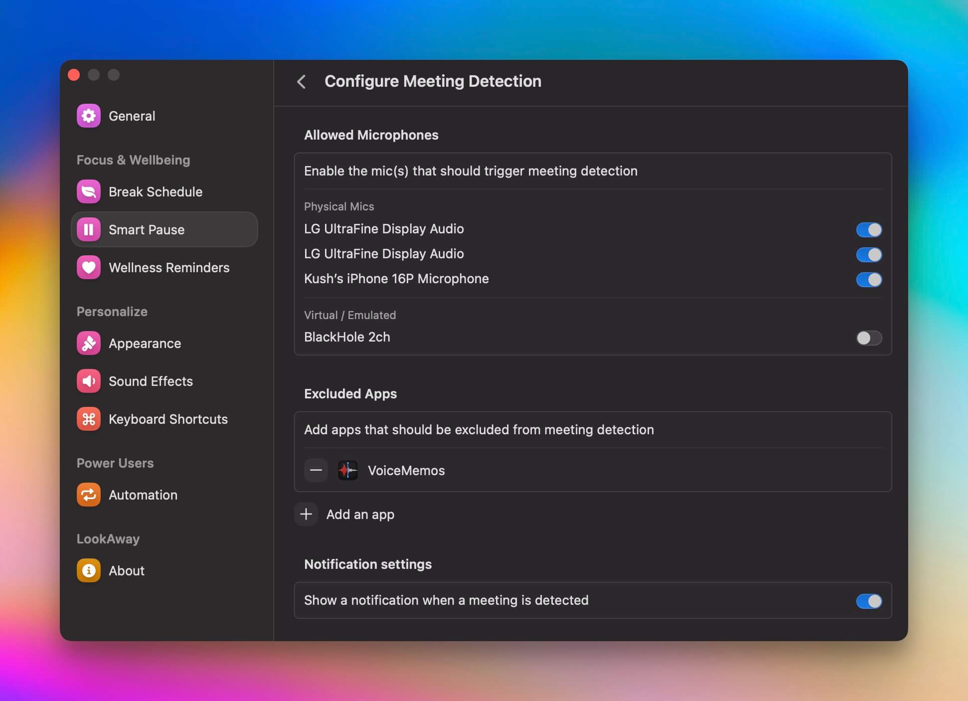 Meeting Detection options in LookAway Settings