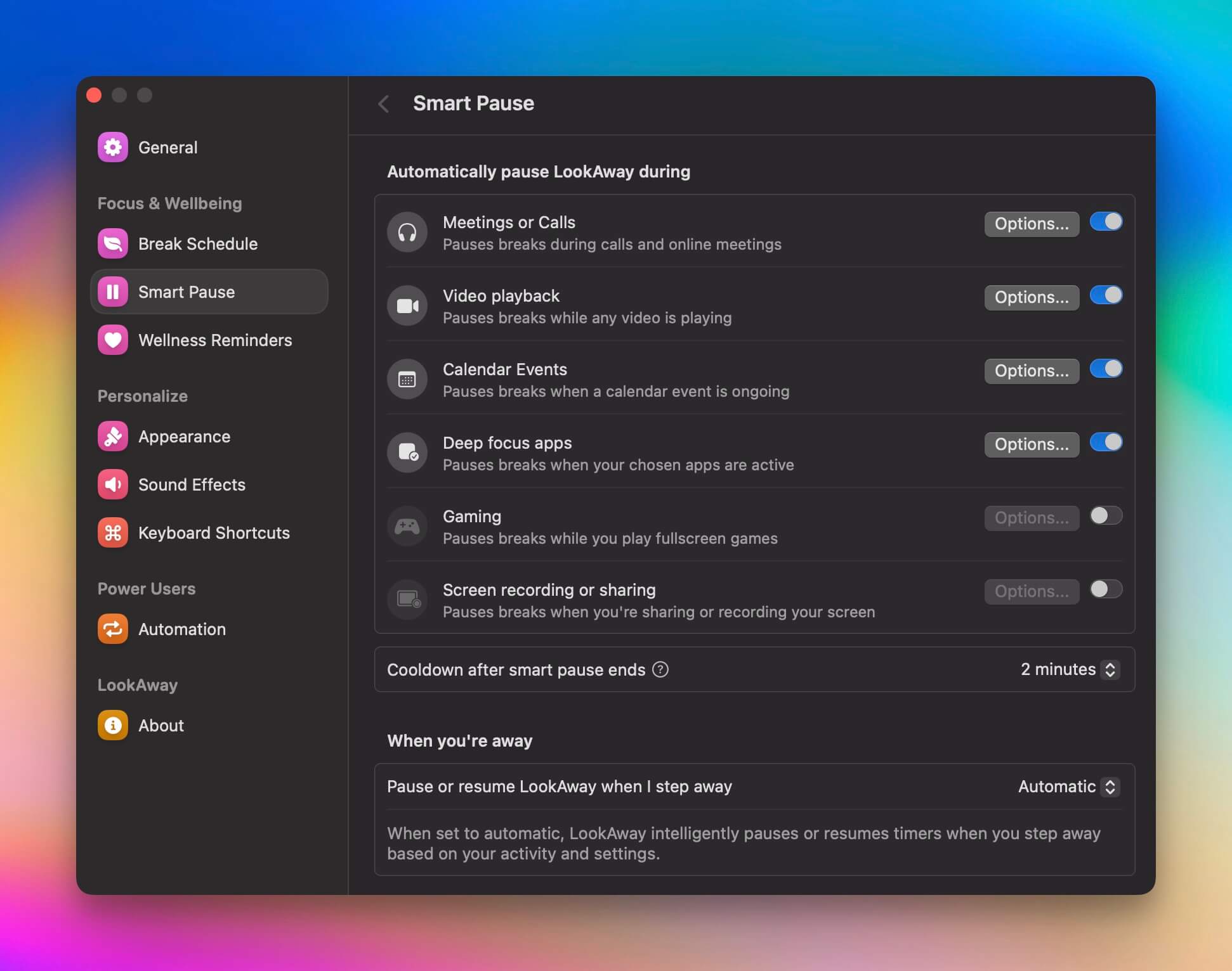 Work mode settings in LookAway Settings